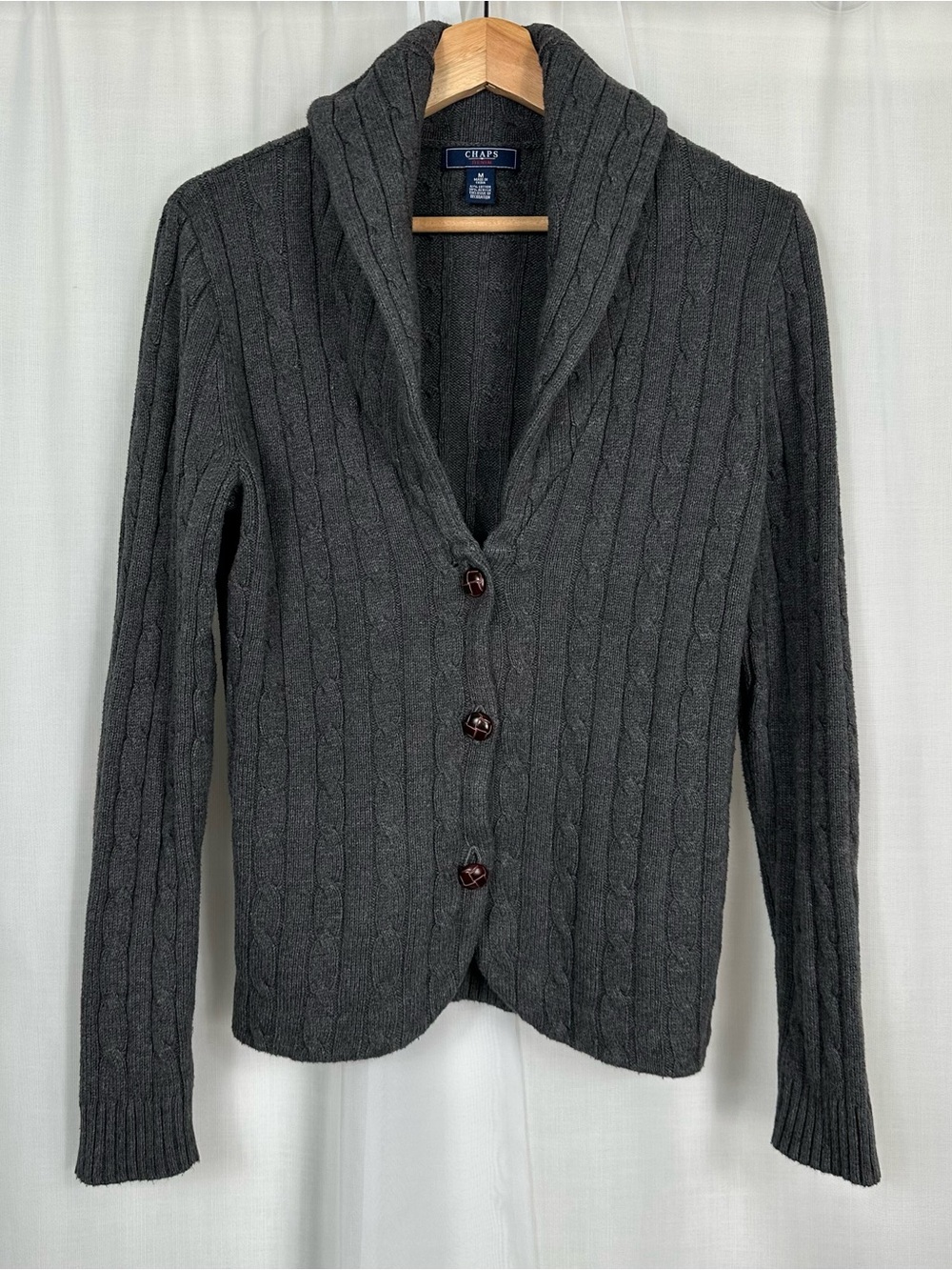 Chaps Denim Gray Cable Knit Shawl Collar Cardigan Sweater Elbow Patches Size M